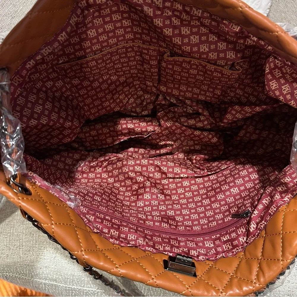 Badgley Mischka Diana Quilted Faux Leather Travel Tote Chain Shoulder Bag purse